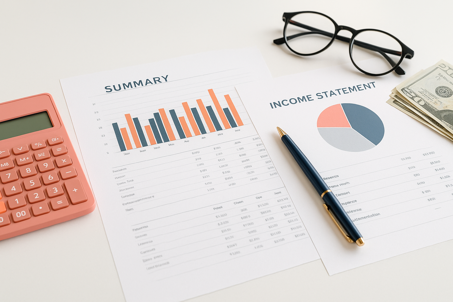 Professional financial reports with charts, calculator, pen, glasses and cash